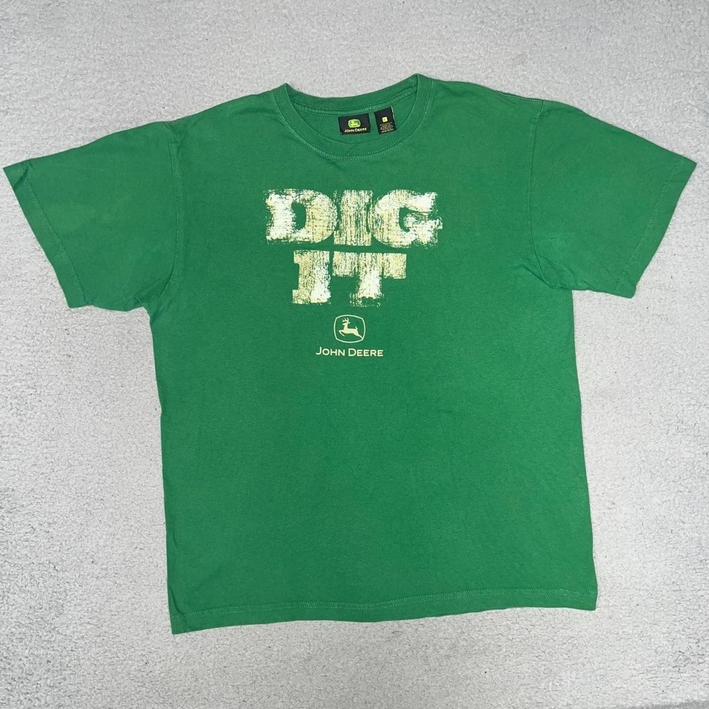 John Deere Dig It T Shirt Men's Sz L Green Spell Out Logo 2-Sided Crew Neck Tee